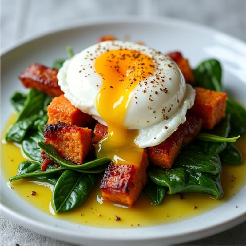 Crispy Turkey Bacon and Sweet Potato Hash with Sautéed Greens and Poached Eggs