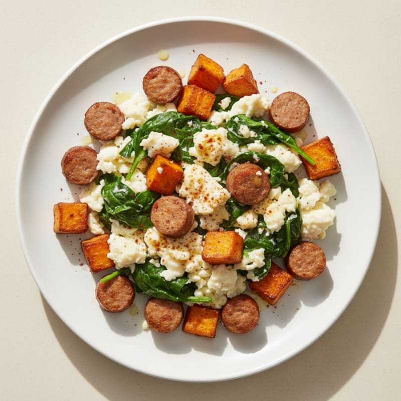 Egg White Spinach Scramble with Turkey Sausage and Roasted Sweet Potatoes