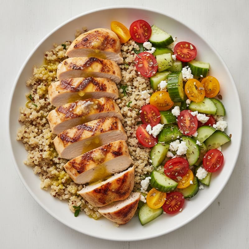 Grilled Chicken Breast with Quinoa and Crisp Cucumber Tomato Salad