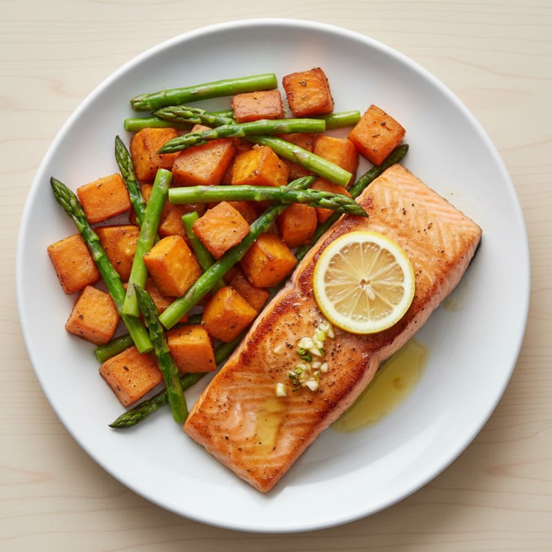 Seared Salmon with Roasted Sweet Potatoes and Asparagus