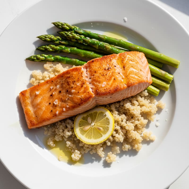 Seared Salmon Fillet with Steamed Asparagus and Quinoa