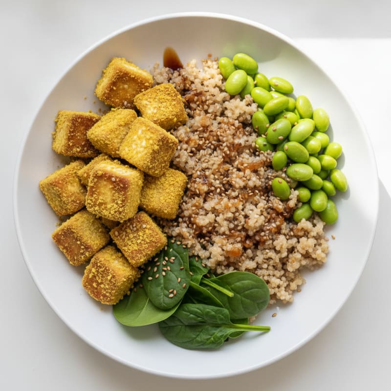 Crispy Tofu and Edamame Power Bowl with Quinoa