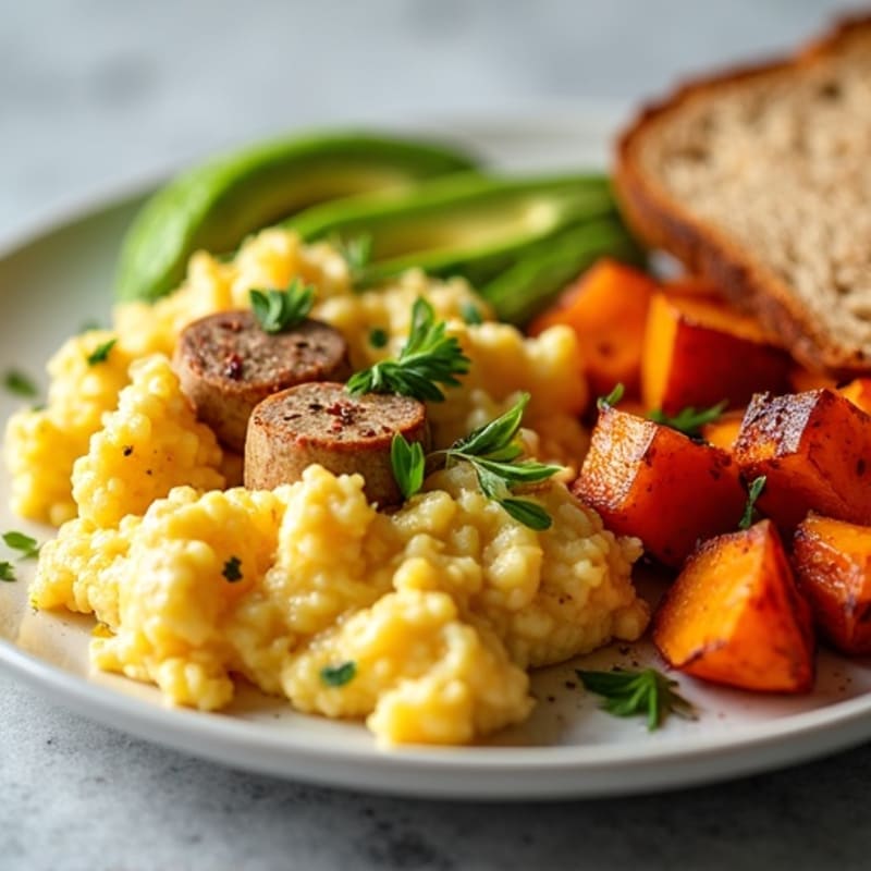 Egg White and Turkey Sausage Scramble with Roasted Sweet Potatoes