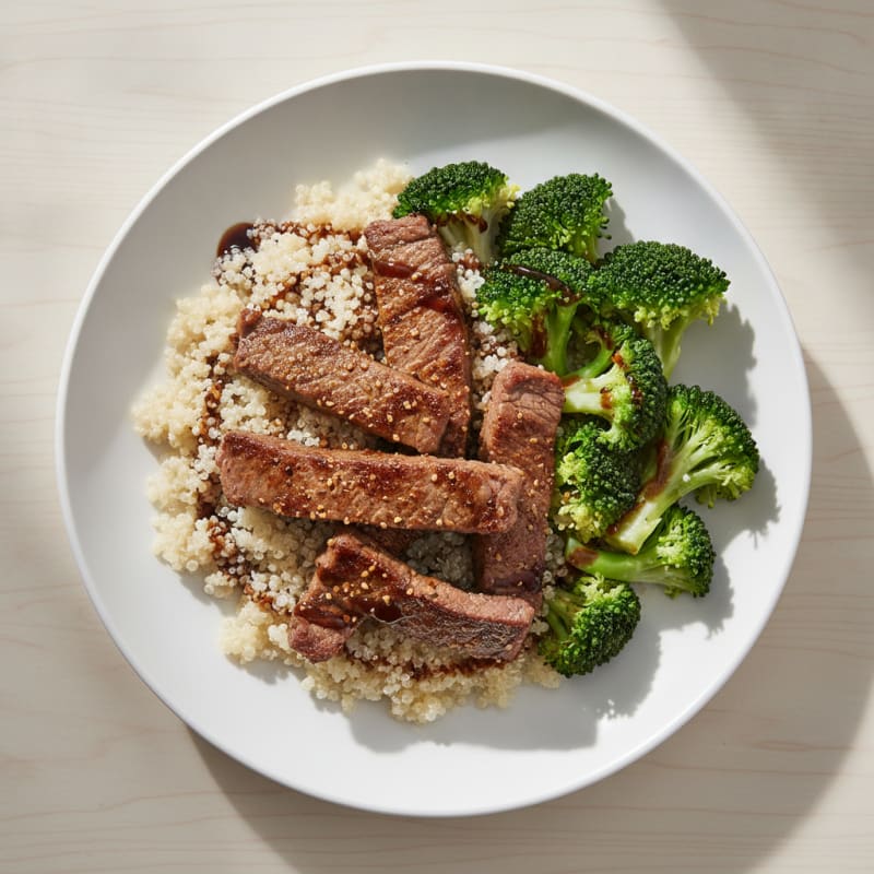 Seared Lean Beef Strips with Steamed Broccoli and Quinoa