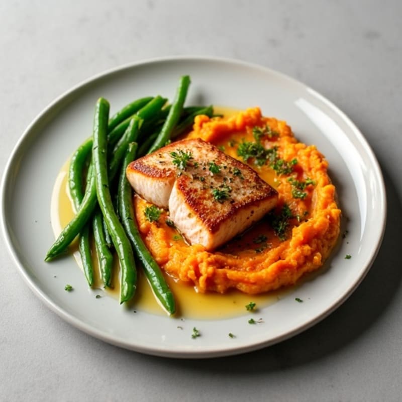 Seared Salmon with Garlic Green Beans and Sweet Potato Mash