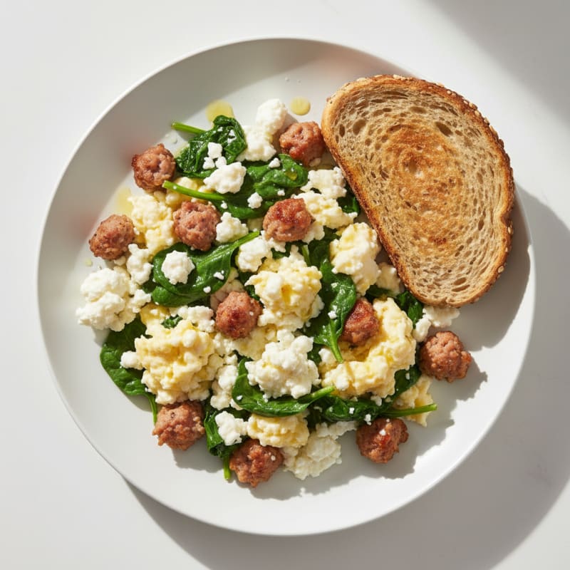 Cottage Cheese Scramble with Turkey Sausage and Spinach