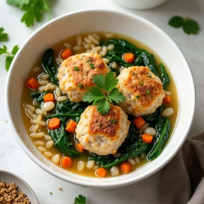 Lean Chicken Meatball and Greens Broth with Orzo