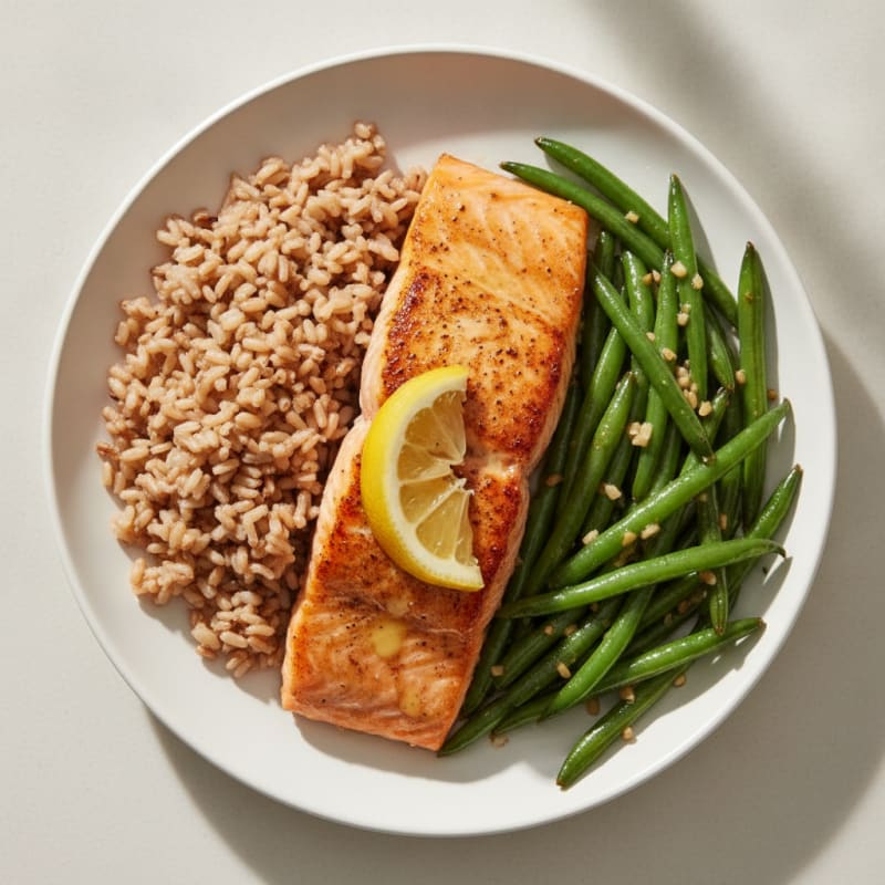 Seared Salmon Filet with Garlic Green Beans and Brown Rice