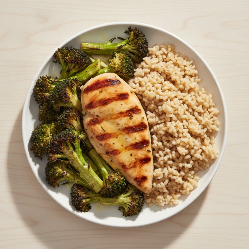 Grilled Chicken Breast with Roasted Broccoli and Brown Rice
