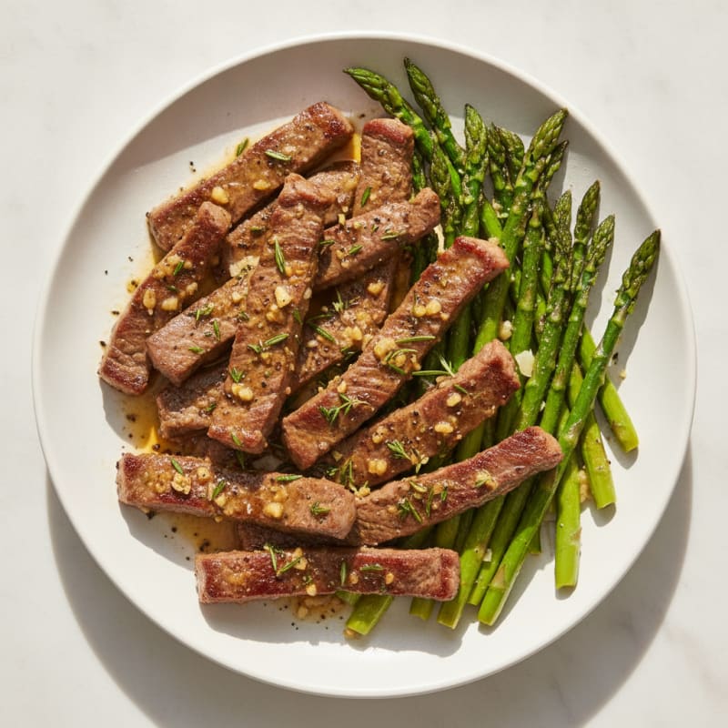 Garlic-Herb Beef Strips with Roasted Asparagus