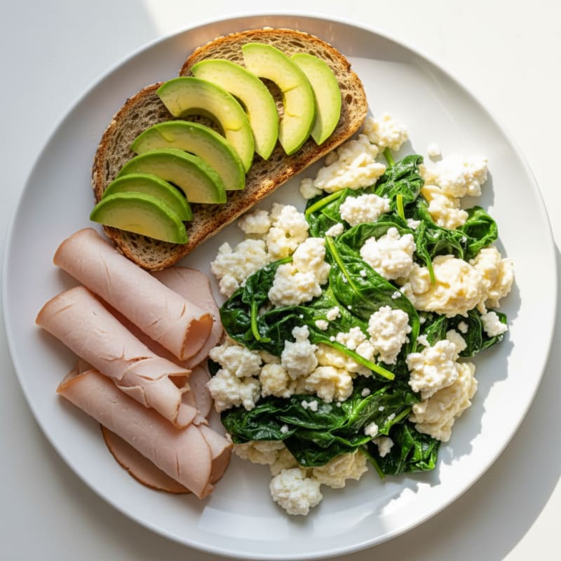 Egg White and Spinach Scramble with Cottage Cheese and Sliced Turkey