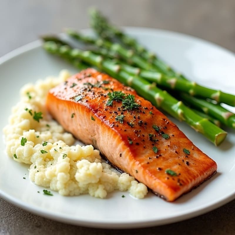 Seared Salmon Fillet with Steamed Asparagus and Garlic Mashed Cauliflower