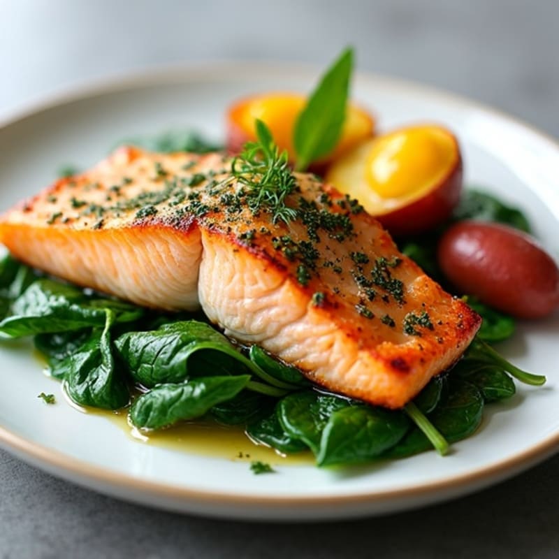 Herb-Crusted Salmon with Roasted Garlic Potatoes and Wilted Spinach