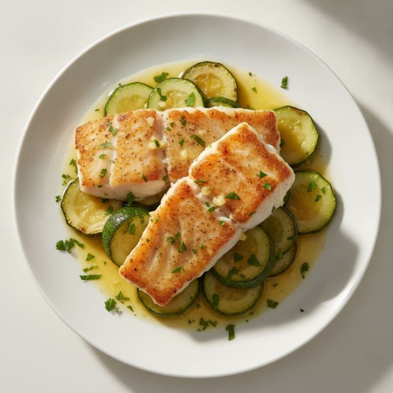Seared White Fish with Roasted Zucchini and Lemon