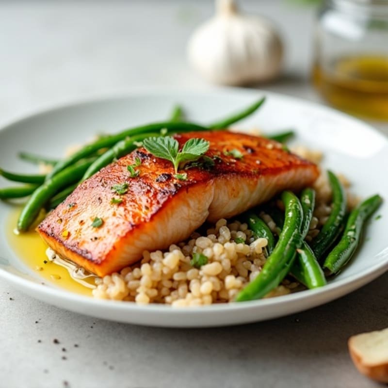 Seared Salmon Fillet with Garlic Green Beans and Brown Rice