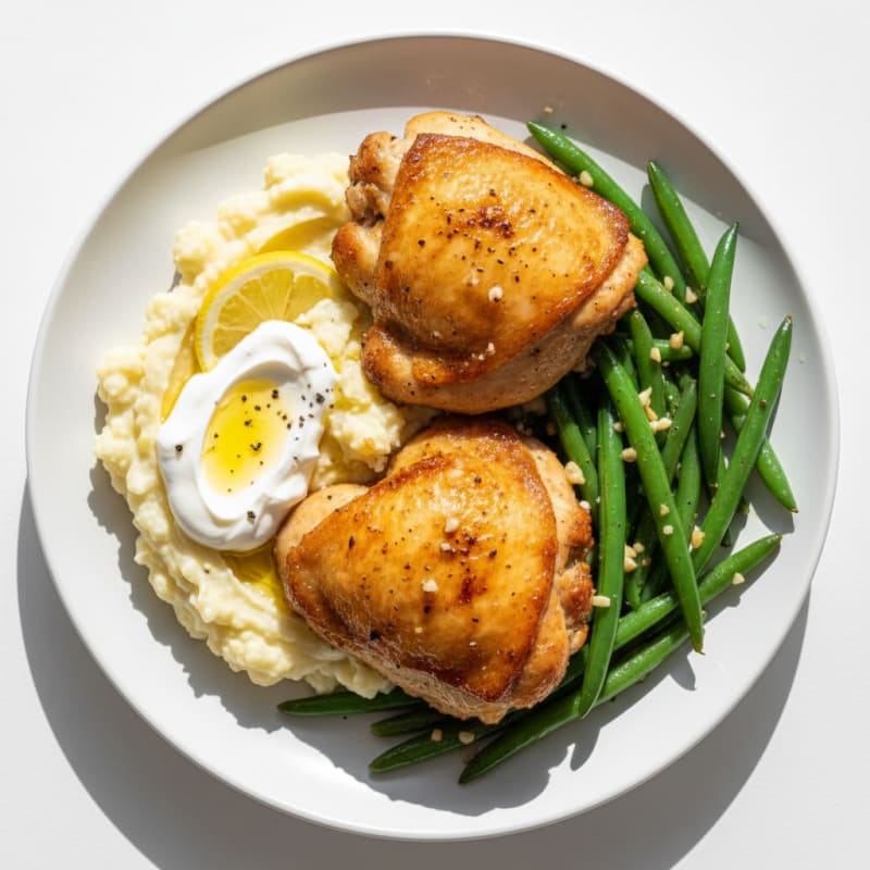 Roasted Chicken Thighs with Garlic Green Beans and Cauliflower Mash