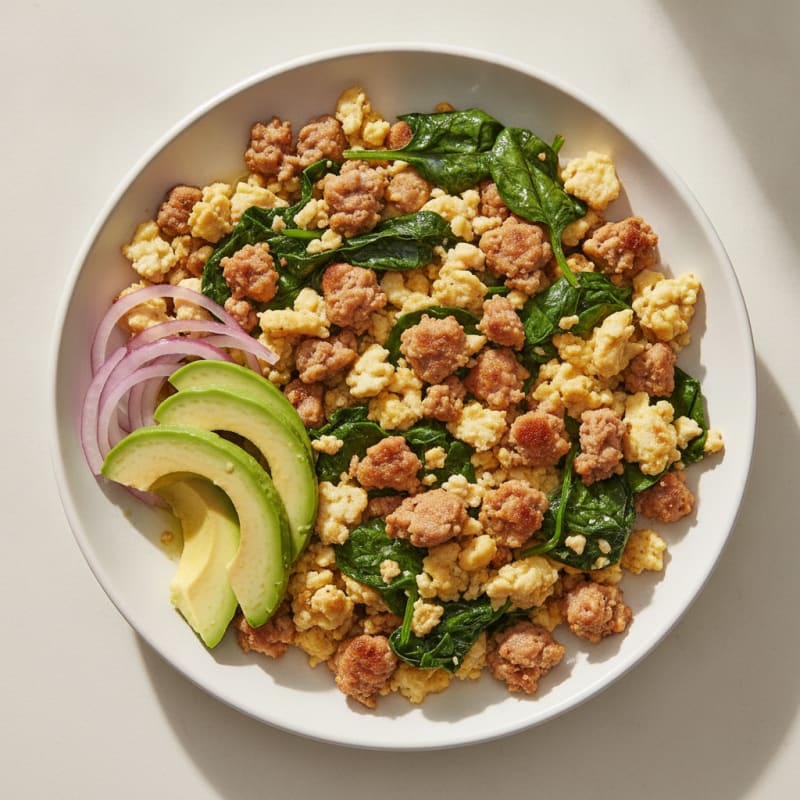 Egg White Scramble with Turkey Sausage and Sautéed Spinach