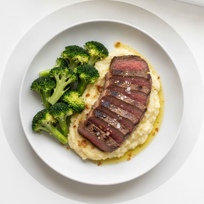 Seared Lean Beef with Steamed Broccoli and Cauliflower Mash