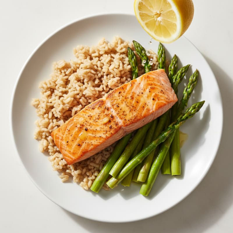 Seared Salmon with Steamed Asparagus and Brown Rice