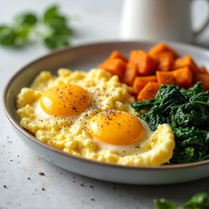 Creamy Scrambled Eggs with Sautéed Spinach and Crispy Sweet Potato Hash