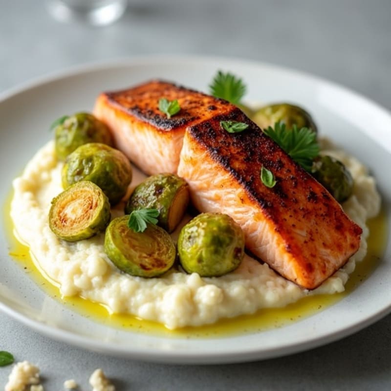 Seared Salmon with Roasted Brussels Sprouts and Cauliflower Mash