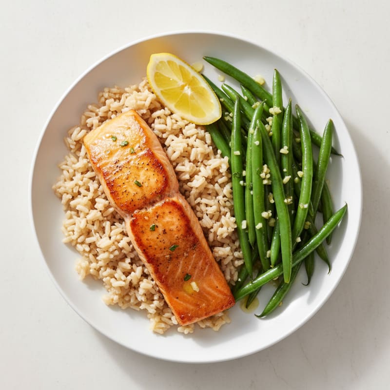 Seared Salmon Fillet with Garlic Green Beans and Brown Rice