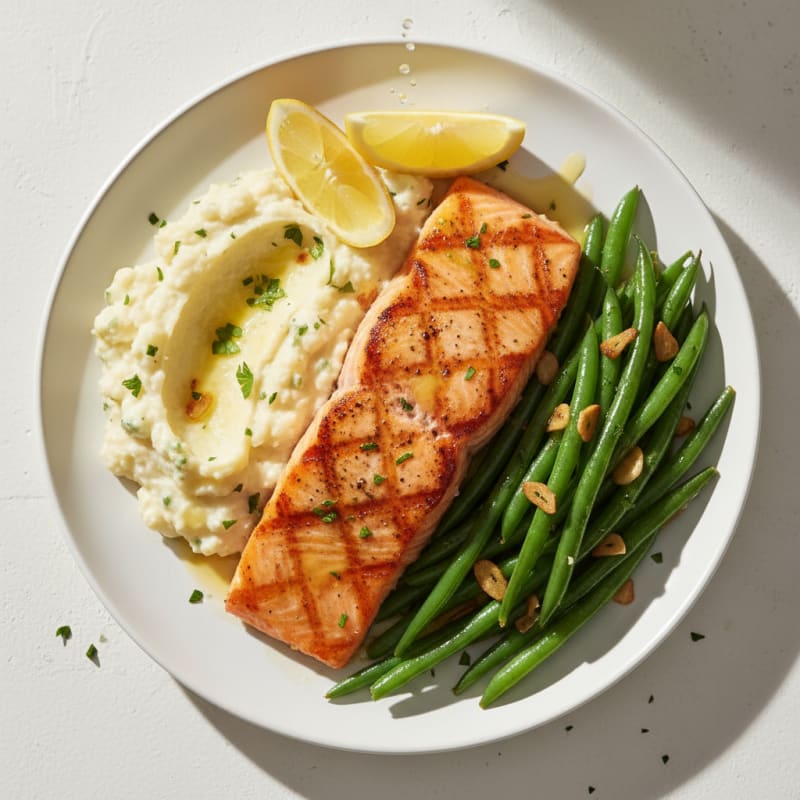 Seared Salmon with Garlic Green Beans and Cauliflower Mash