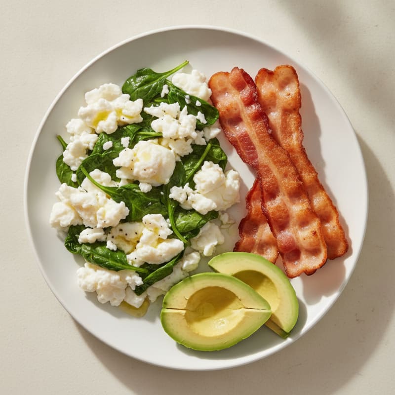 Scrambled Egg Whites with Sautéed Spinach and Turkey Bacon