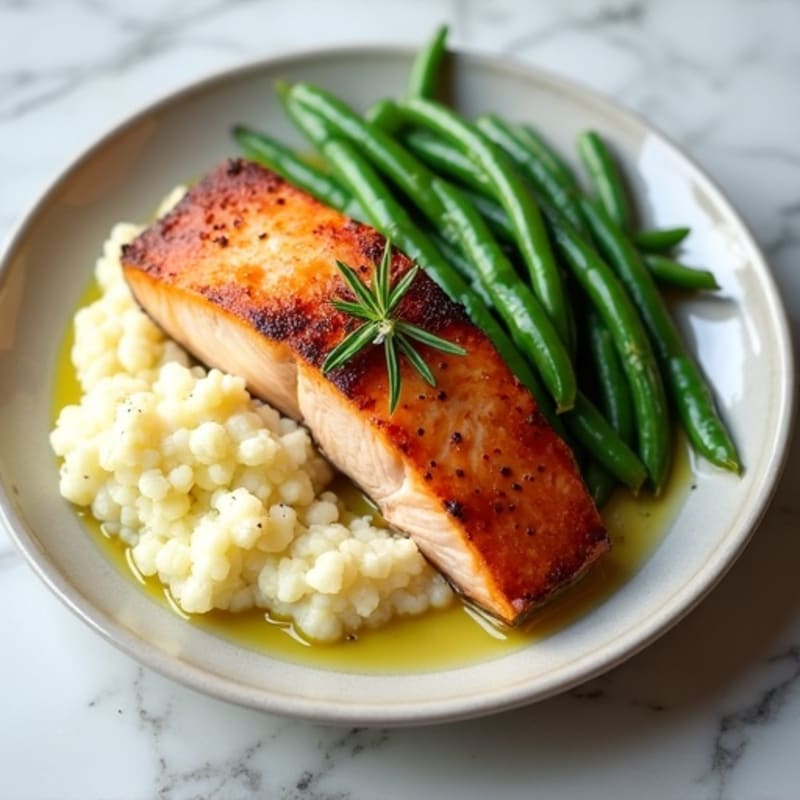 Herb-Seared Salmon with Garlic Green Beans and Cauliflower Mash