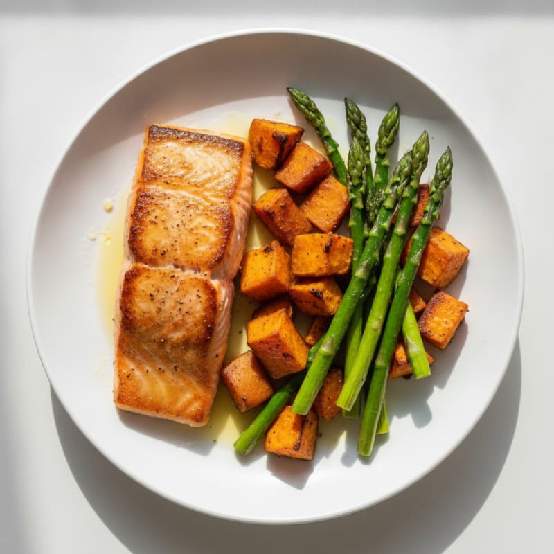 Seared Salmon with Roasted Sweet Potatoes and Asparagus