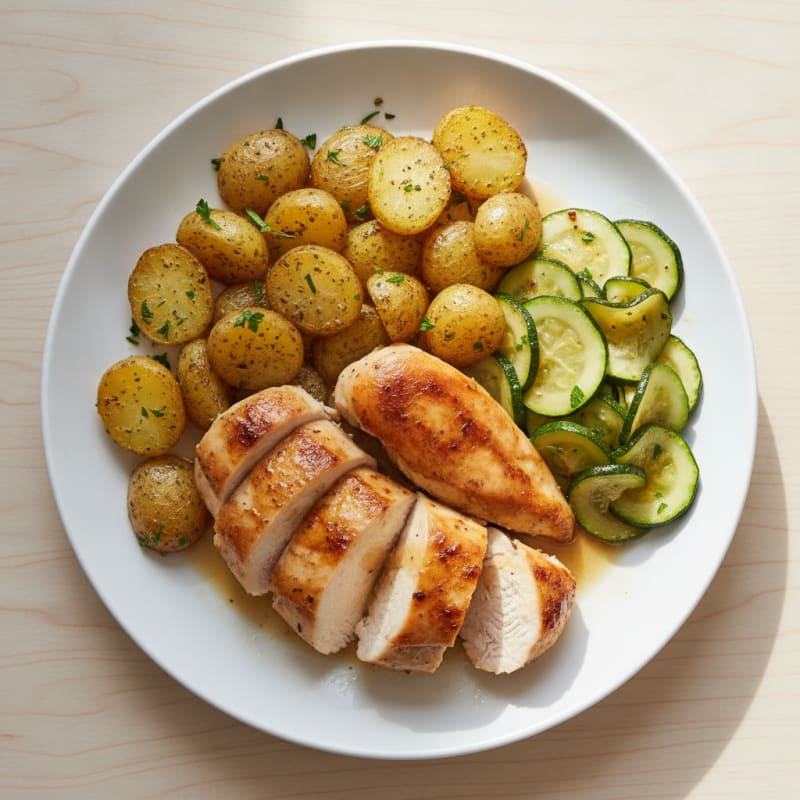 Roasted Chicken Breast with Herb Potatoes and Sautéed Zucchini