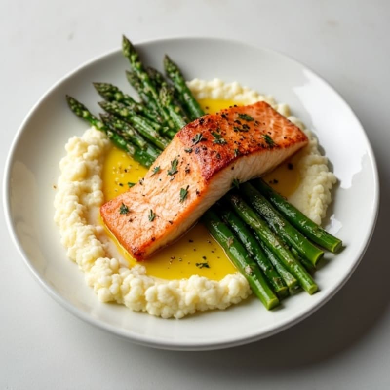 Seared Salmon with Steamed Asparagus and Cauliflower Mash