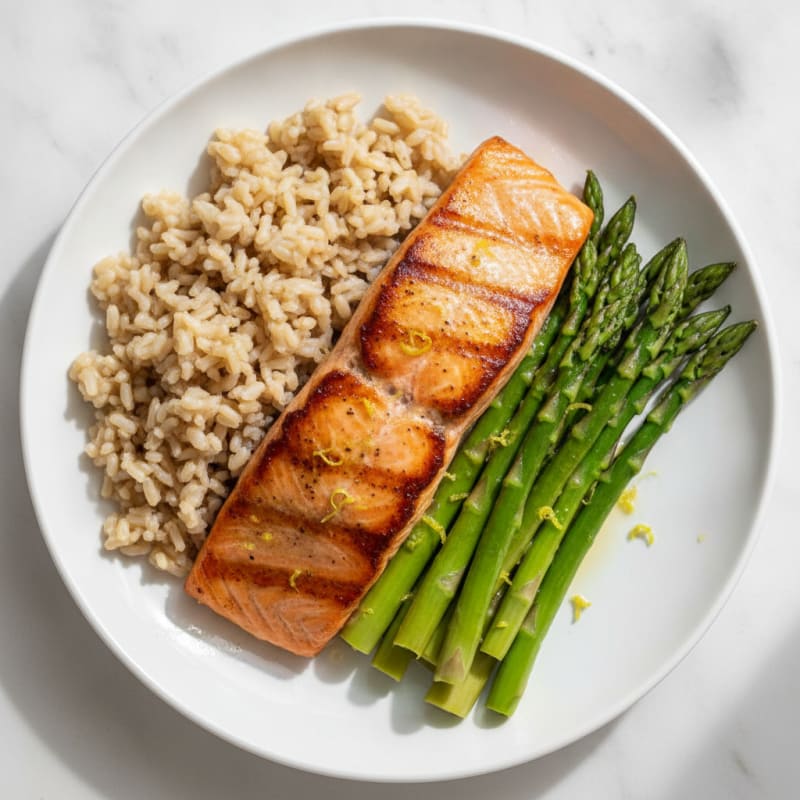 Seared Salmon with Steamed Asparagus and Brown Rice