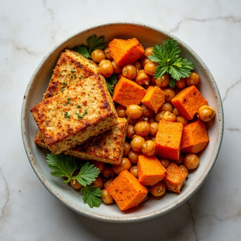 Crispy Baked Tofu with Roasted Sweet Potato Bowl