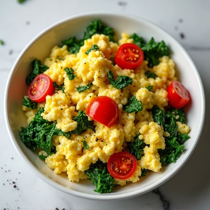 Fluffy Egg Scramble with Sautéed Spinach and Cherry Tomatoes