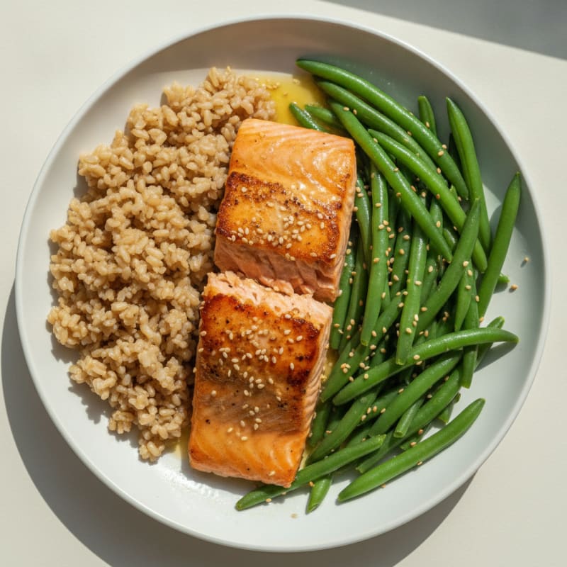 Seared Salmon with Steamed Green Beans and Brown Rice