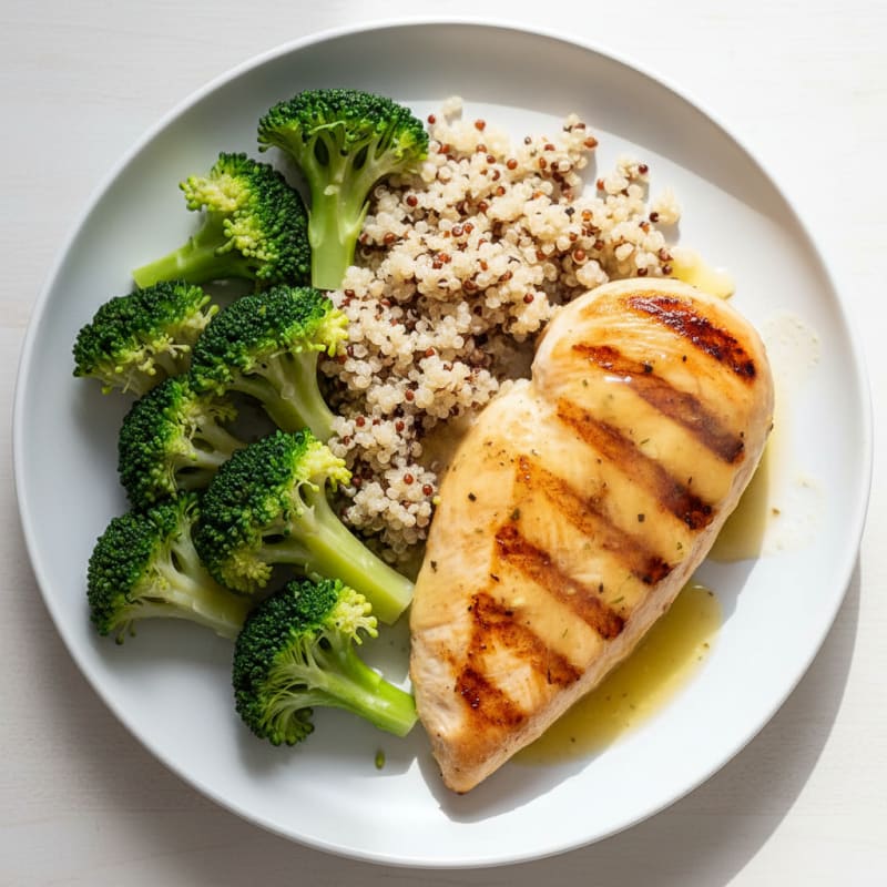 Grilled Chicken Breast with Steamed Broccoli and Quinoa