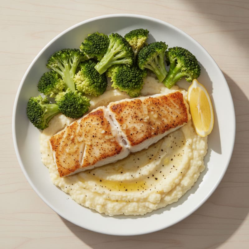 Seared Cod with Steamed Broccoli and Cauliflower Mash