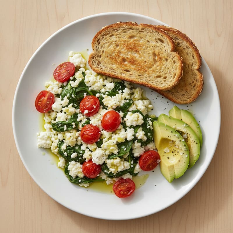 Cottage Cheese Egg White Scramble with Spinach and Tomatoes