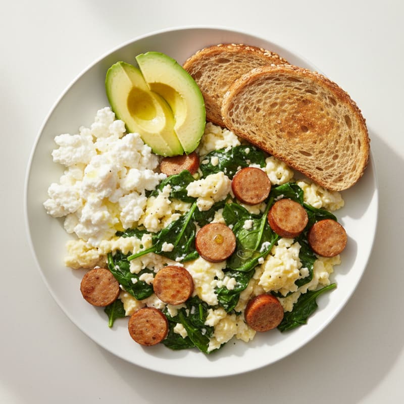 Egg White and Turkey Sausage Scramble with Spinach and Cottage Cheese