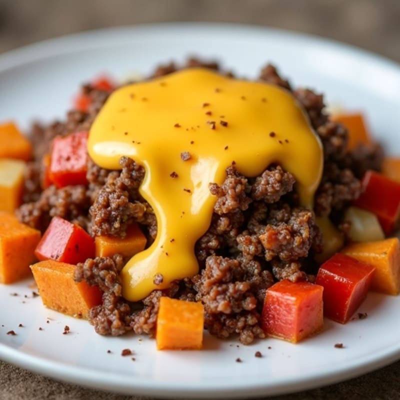 Lean Ground Beef and Vegetable Hash with Smoky Turkey Bacon and Creamy Cheese Sauce