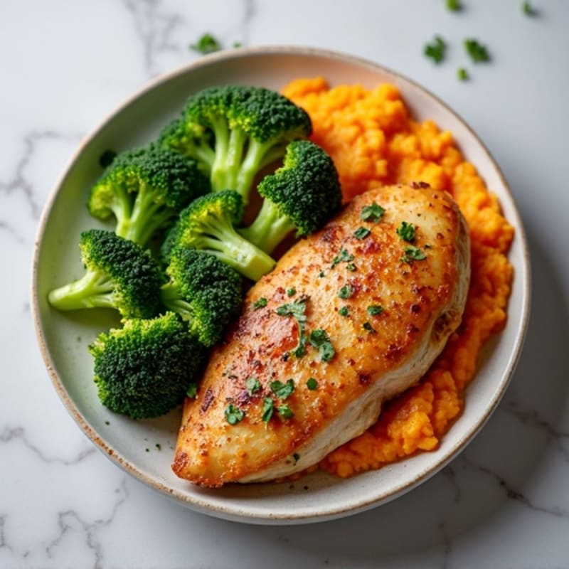 Roasted Chicken Breast with Steamed Broccoli and Sweet Potato Mash