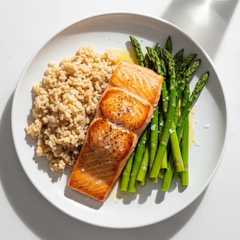 Seared Salmon with Steamed Asparagus and Brown Rice