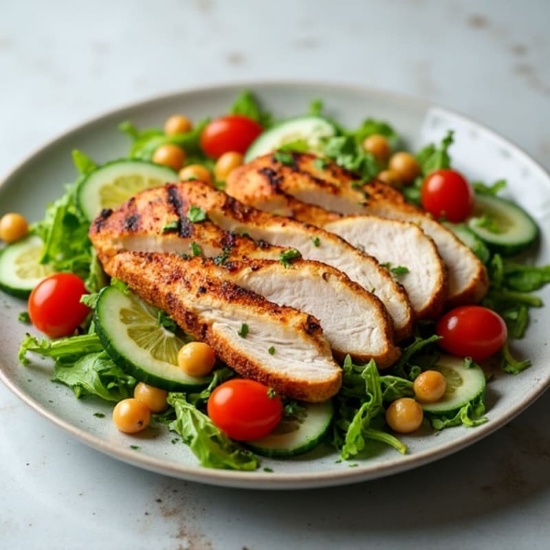 Grilled Turkey Breast Salad with Crunchy Chickpeas and Mixed Greens