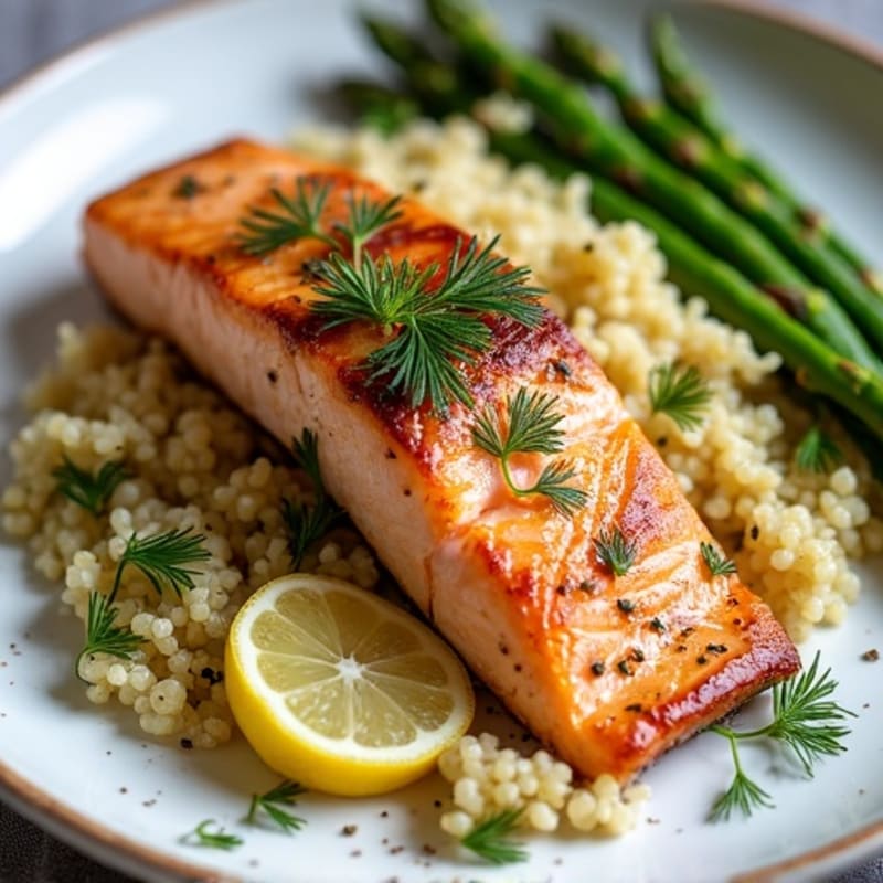 Flaky Garlic-Dill Pan-Seared Salmon with Tender Roasted Asparagus and Quinoa