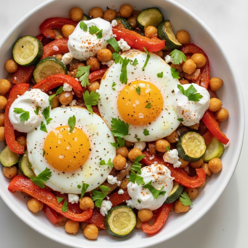 Baked Eggs with Roasted Vegetables and Chickpeas