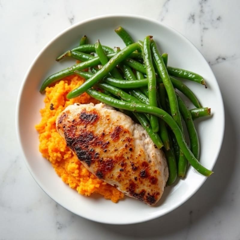 Seared Turkey Breast with Steamed Green Beans and Sweet Potato Mash