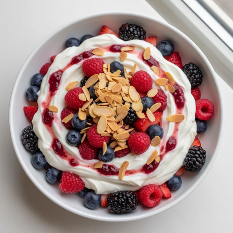Greek Yogurt Protein Parfait with Mixed Berries and Almonds