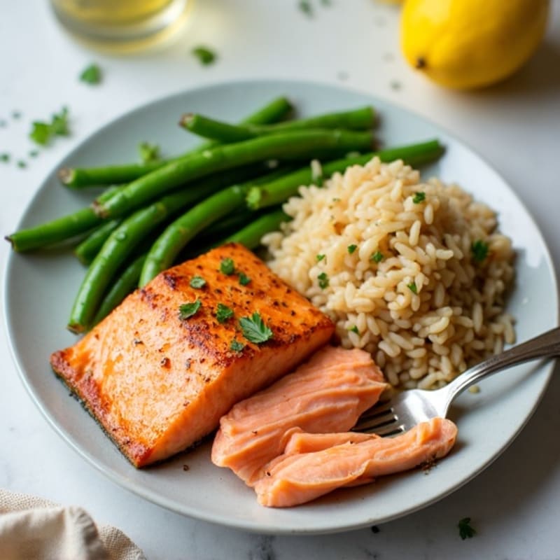 Seared Salmon with Steamed Green Beans and Brown Rice