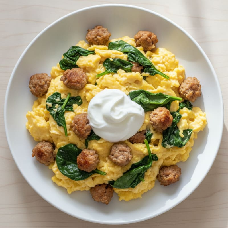 Creamy Scrambled Eggs with Turkey Sausage and Spinach